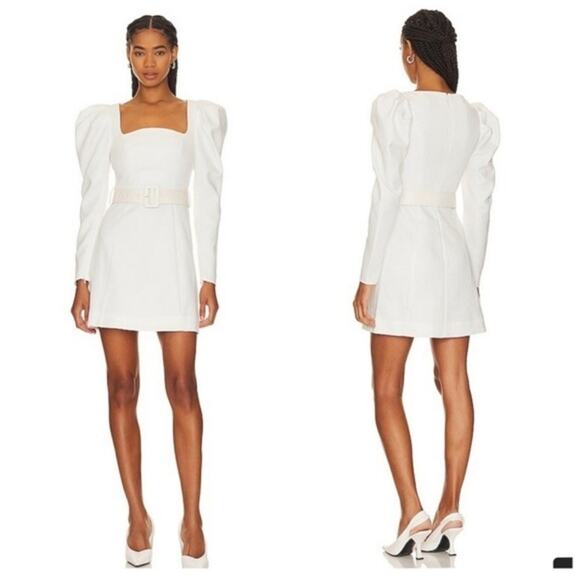 Elliatt Clarice Mini Dress White Long Puff Sleeves Crepe Zip Up Size Small - Picture 1 of 11